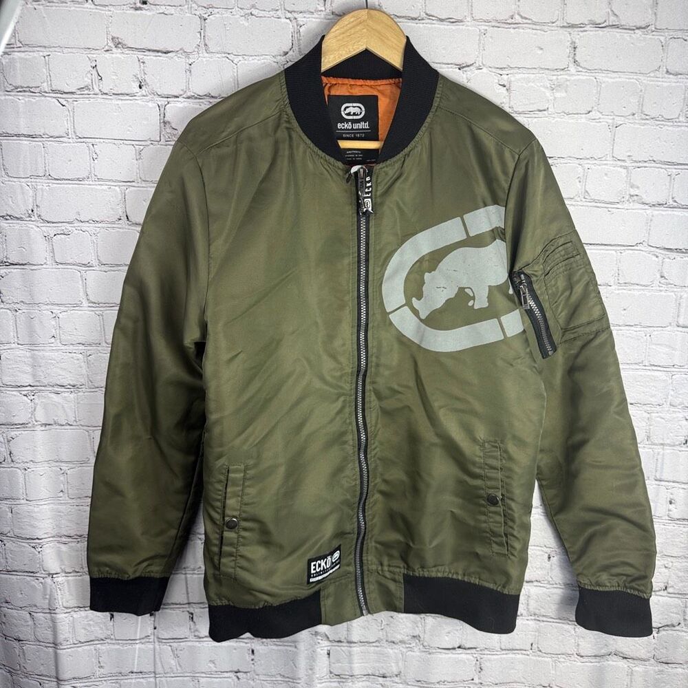 Vintage Ecko Unltd Windbreaker Orange Lined Olive Green Jacket Y2K Medium  L